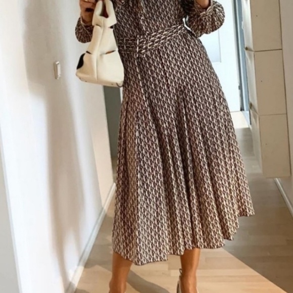 NWT Zara Brown Print Midi Dress Size XL Stunner! Bow Tie shirt dress long sleeve - Picture 4 of 16